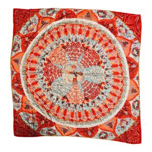 Pineda Covalin Scarf 34" Square 100% Silk Orange Red Floral Mandala Print Mexico